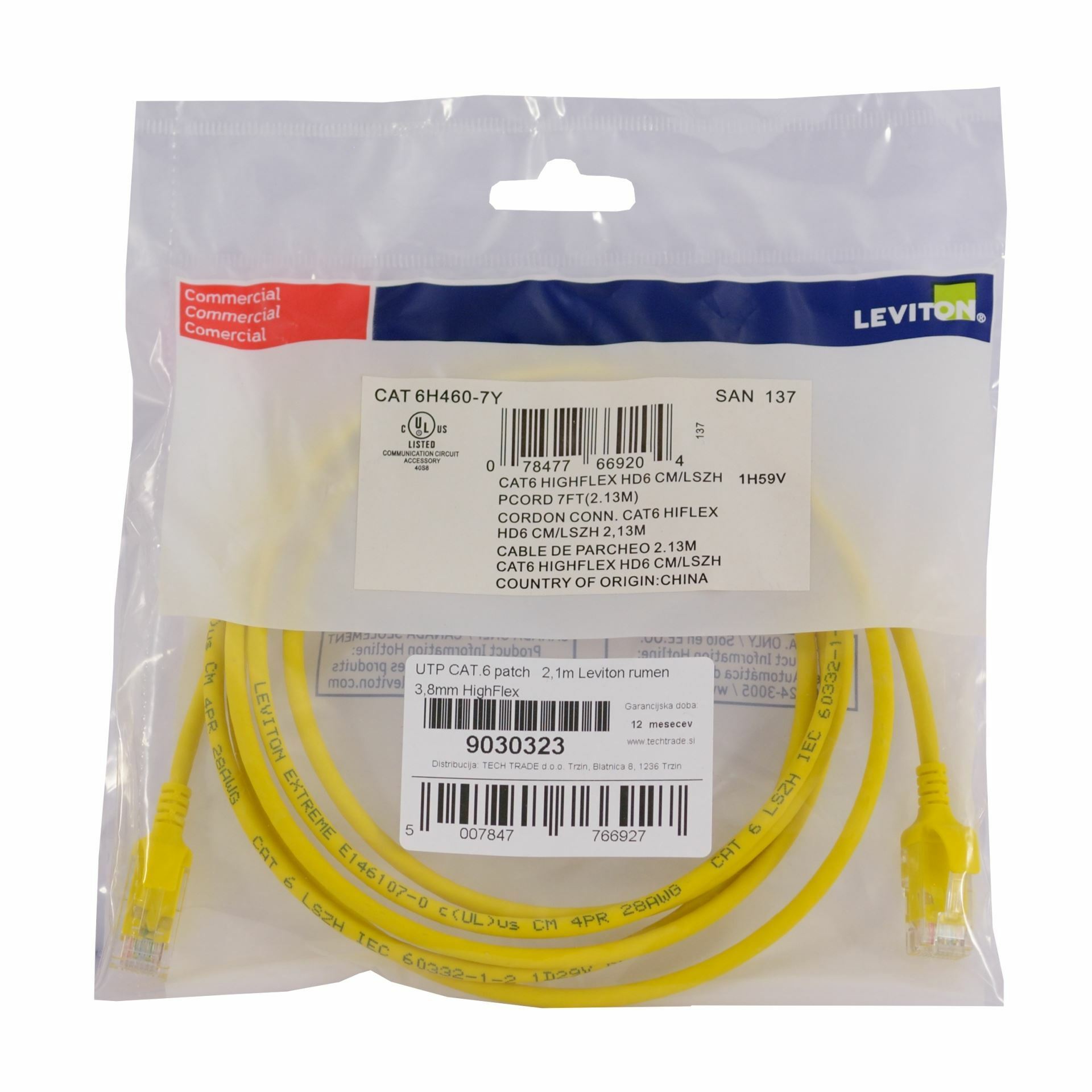 Leviton patch UTP CAT.6 2,1m rumen 3,8mm HighFlex 137-6H460-07Y - slika 2