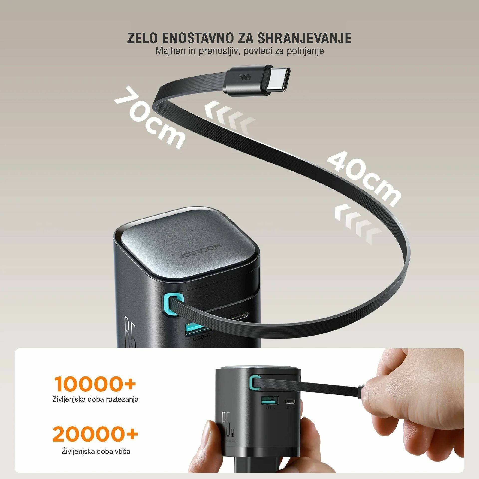 Joyroom polnilec 65W USB TipC TipA GaN QC PD s kablom črn JR-TCL02 - slika 2