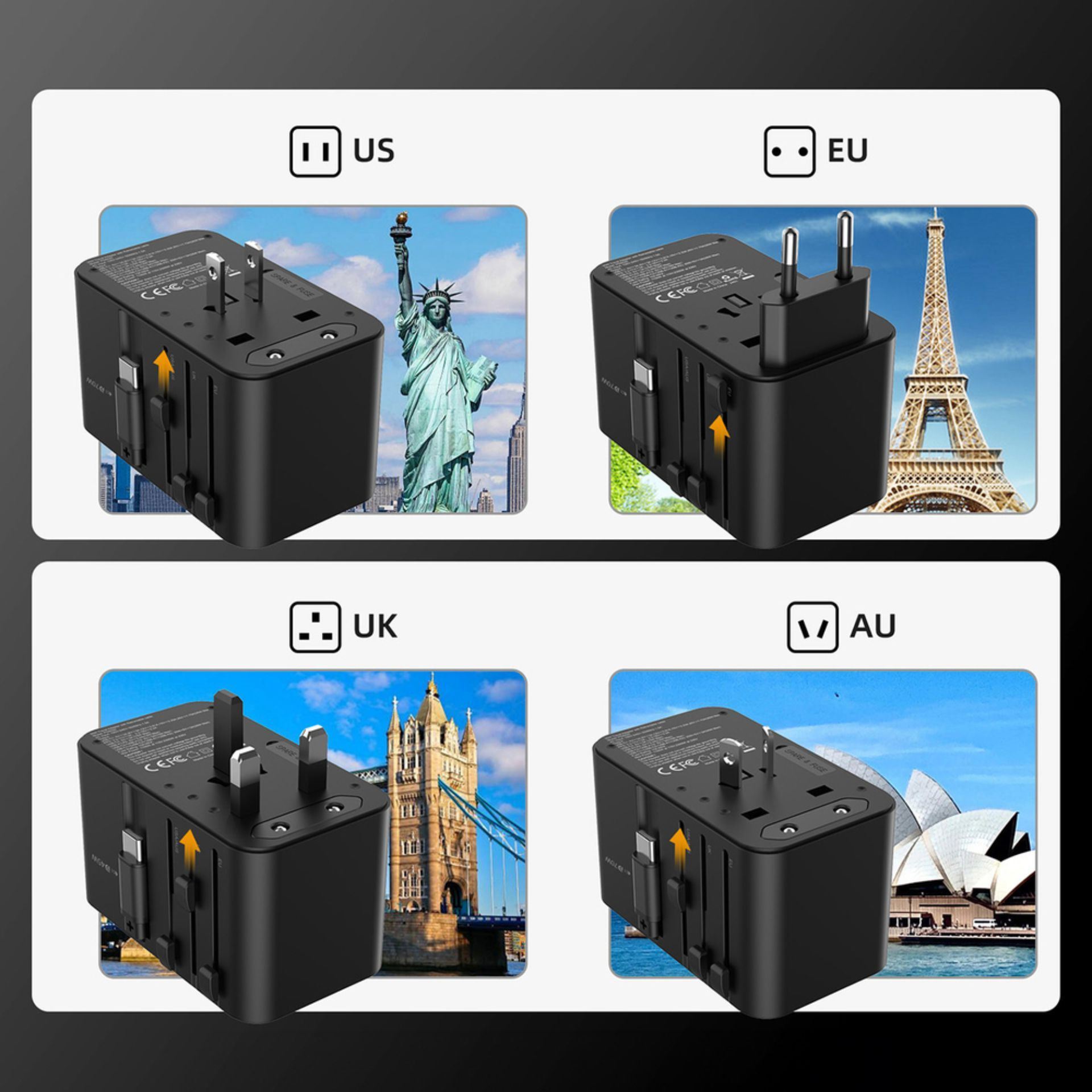 Choetech potovalni adapter + USB TipC PD 70W polnilec + kabel EU USA UK AU PD5022 - slika 2