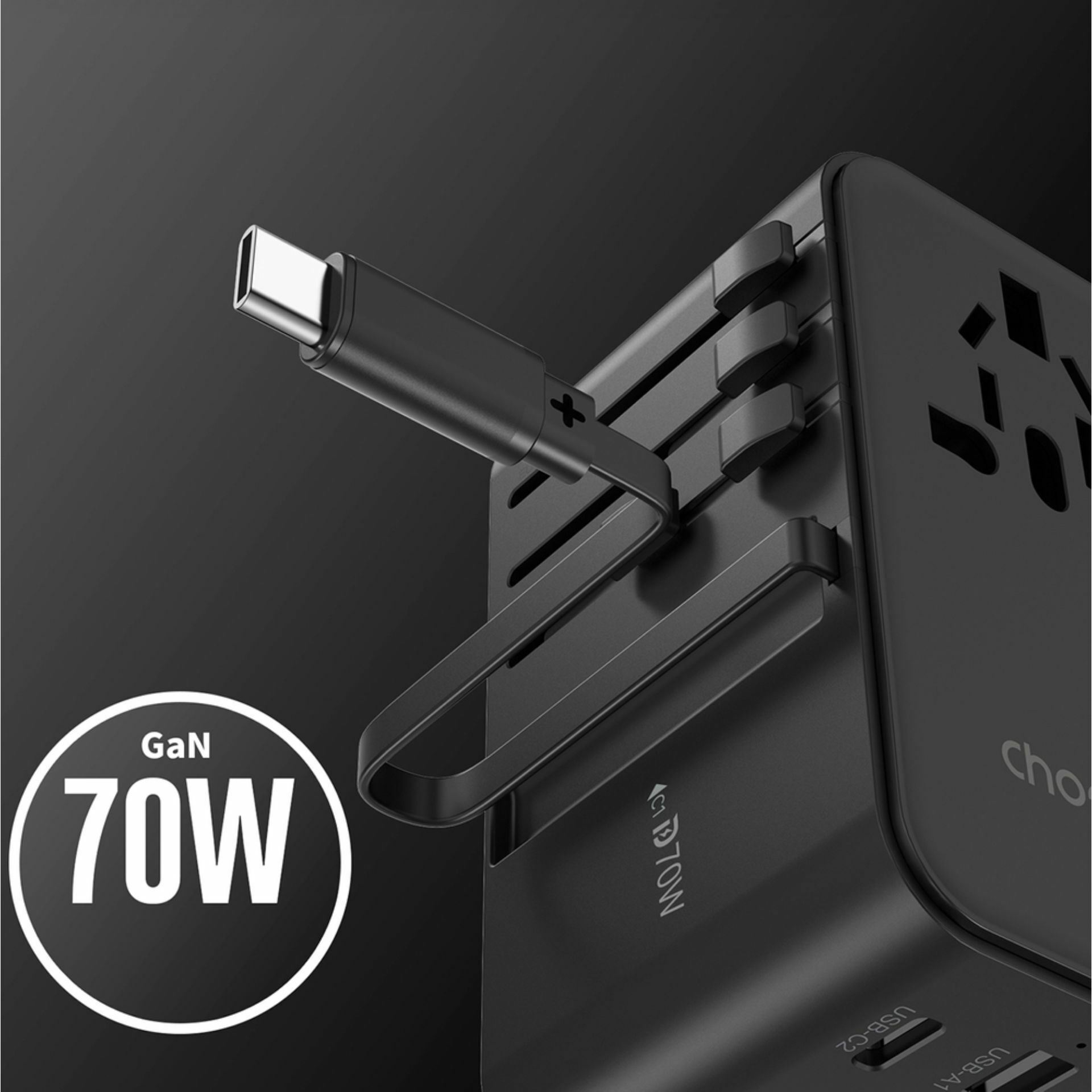 Choetech potovalni adapter + USB TipC PD 70W polnilec + kabel EU USA UK AU PD5022 - slika 3