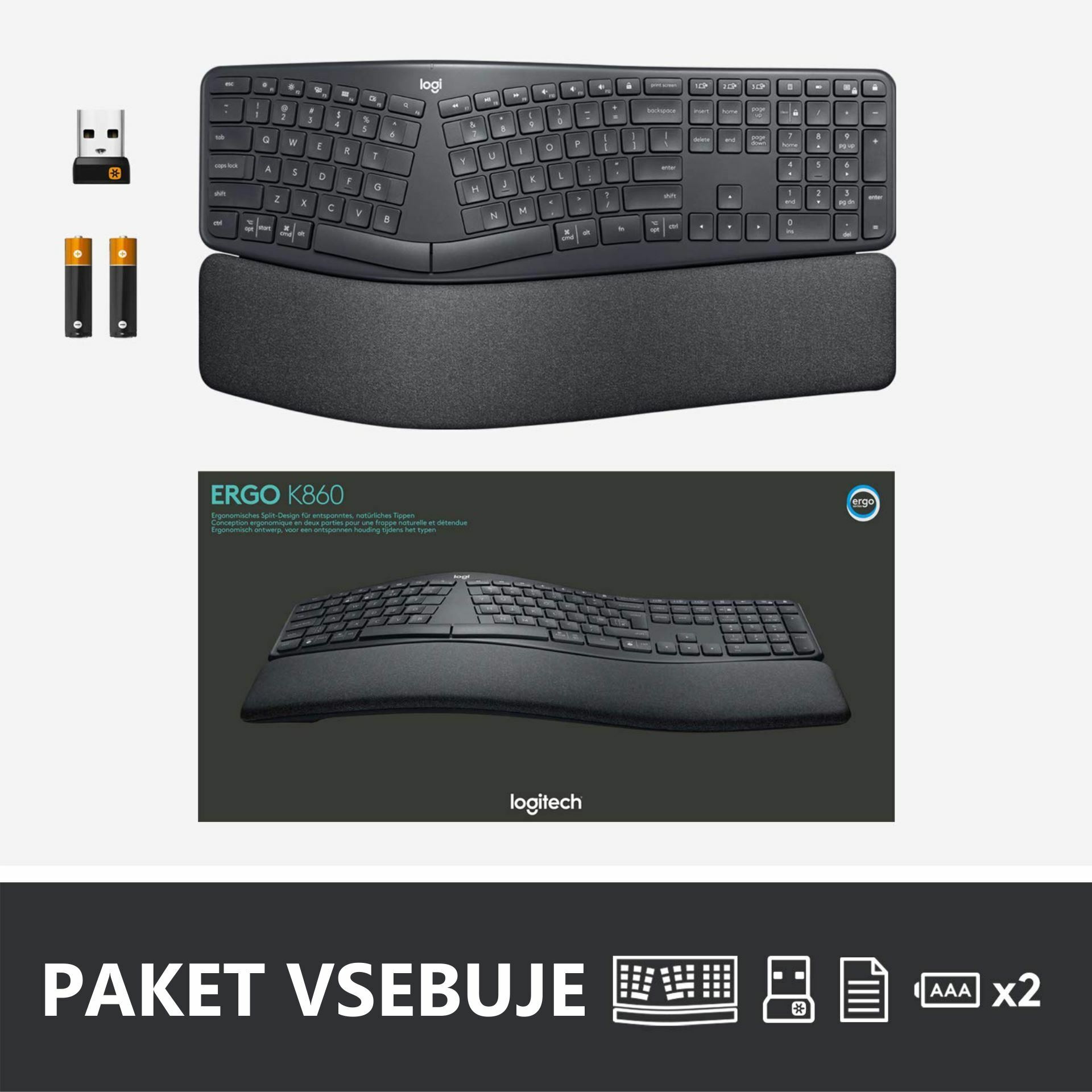 Logitech tipkovnica ERGO K860 SLO Unifying Bluetooth grafitna 920-01010 - slika 3