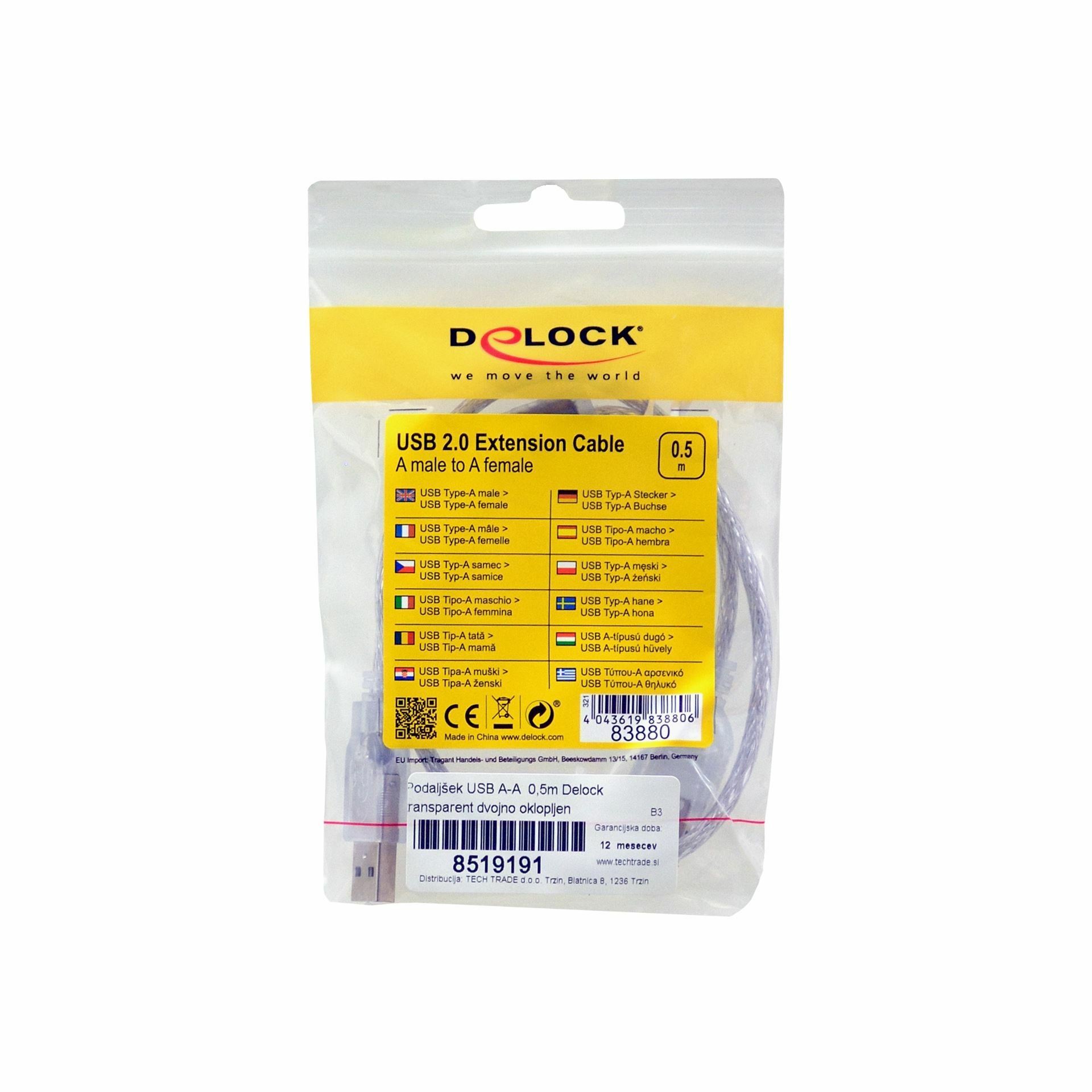 Delock podaljšek USB A-A 0,5m dvojno oklopljen transparent 83880 - slika 2