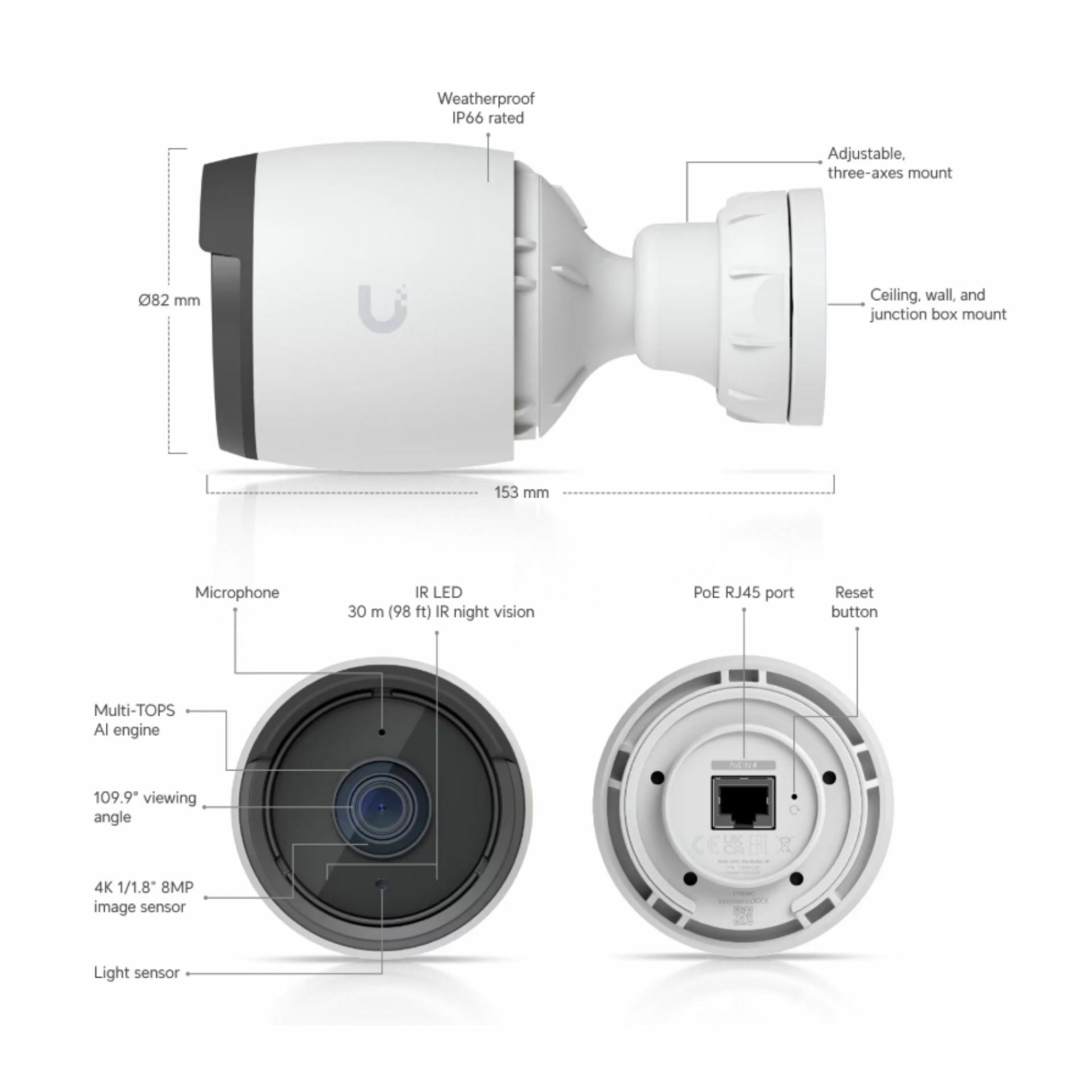 Ubiquiti kamera Unifi 8.0MP zunanja PoE bela UVC-G6-Bullet-W - slika 2