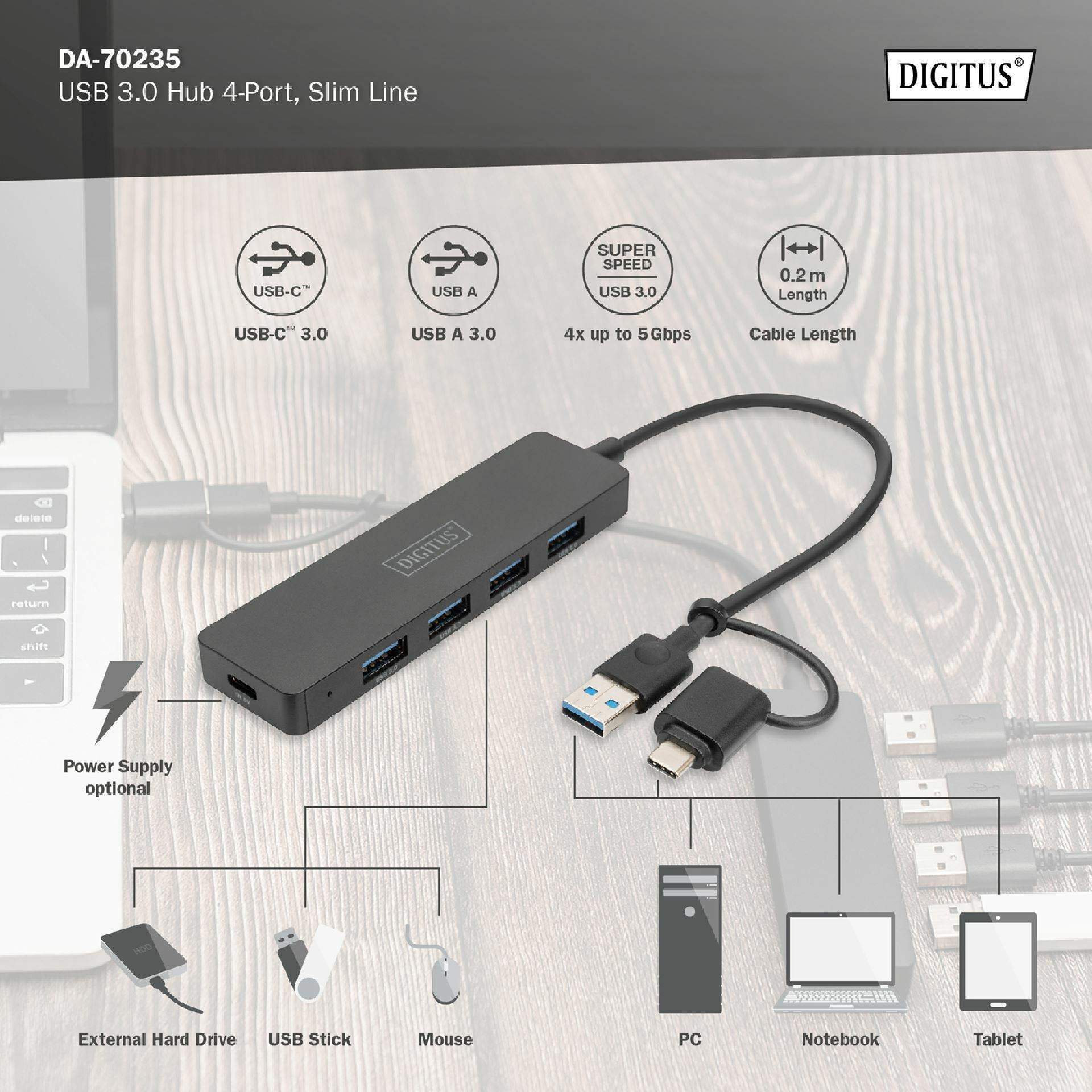 Digitus hub USB 3.0 4xA + TipC slim črn DA-70235 - slika 2