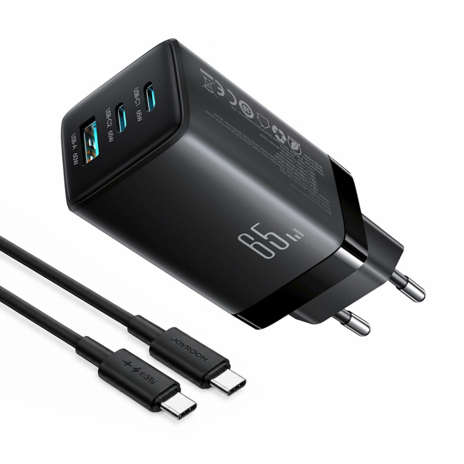 Joyroom polnilec 65W USB 2xTipC TipA GaN PD +kabel črn JR-TG10
