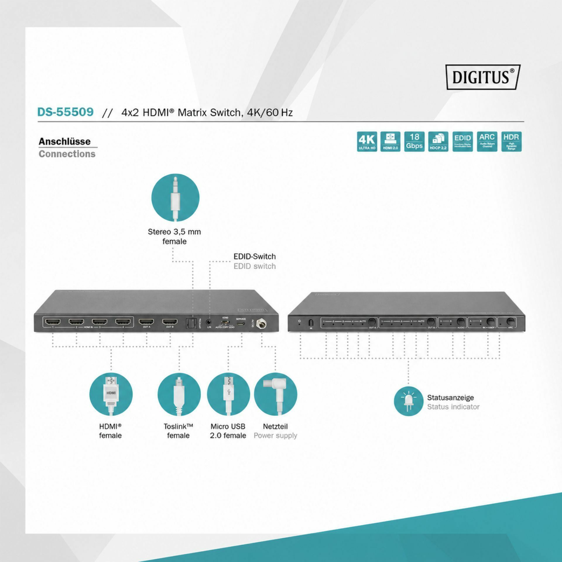 Digitus HDMI stikalo Matrix 4x2 4K 60Hz DS-55509 - slika 3