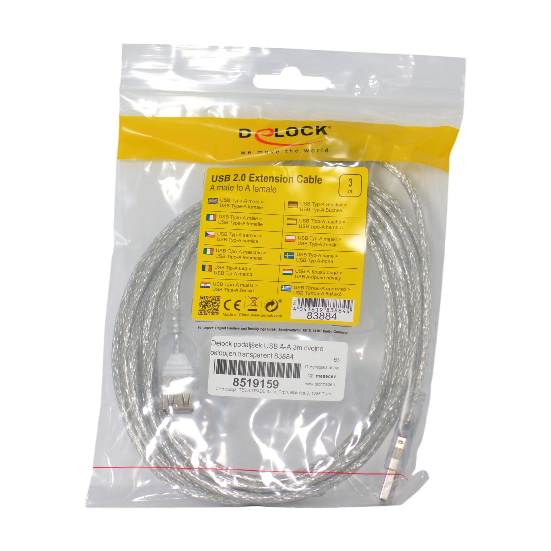 Delock podaljšek USB A-A 3m dvojno oklopljen transparent 83884 - slika 2