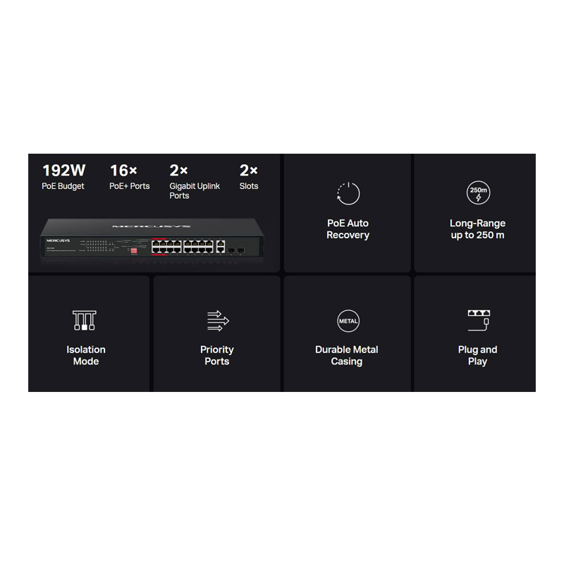 MERCUSYS MS120GP 20-port 16x Gigabit PoE+ RJ45 2x Gigabit RJ45 2x SFP mrežno stikalo switch - slika 2